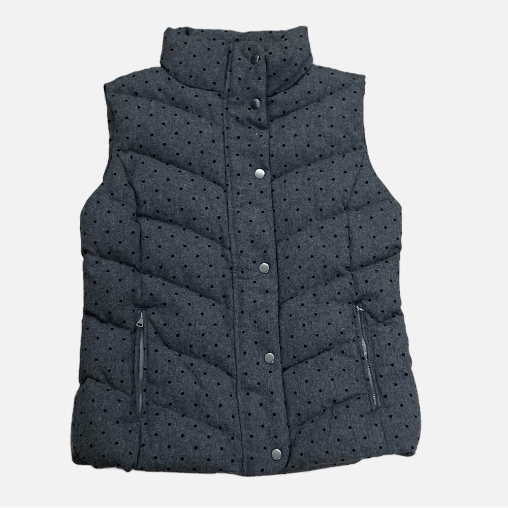 Gap Puffer Vest Medium Gray with Black Polka Dots Wool Blend Down‎ Filled